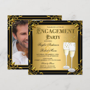 Invitation Fête de fiançailles Champagne Faux Or Noir Photo