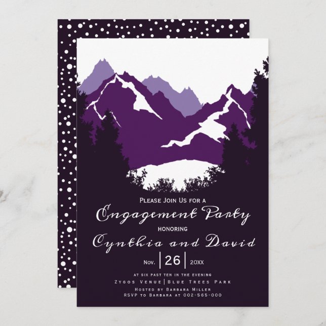 Invitation Fête de fiançailles de mariage de montagnes violet (Devant / Derrière)