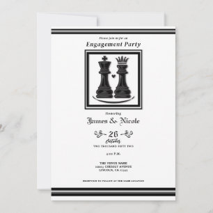 Invitation Fête de fiançailles d'échecs Roi & Reine Noir Blan