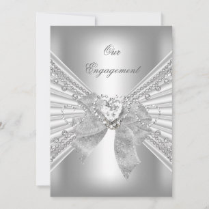 Invitation Fête de Fiançailles Diamant Cœur Blanc Argent Nœud