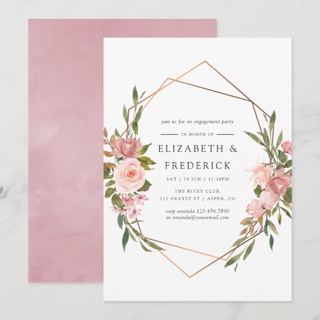 Invitation Fête de fiançailles d'or rose et Rose géométrique (Devant / Derrière)