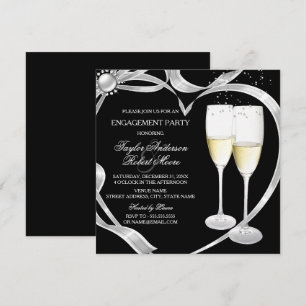 Invitation Fête de fiançailles élégante noire argent et or