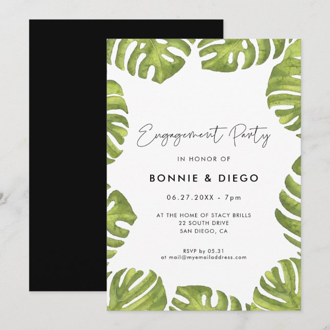 Invitation Fête de fiançailles feuilles de palme vert tropica (Devant / Derrière)
