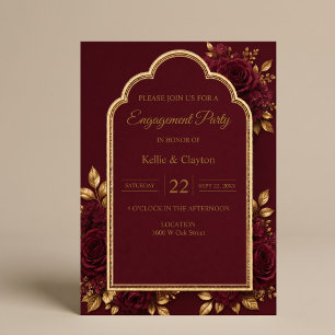 Invitation Fête de fiançailles florale Bourgogne & Or
