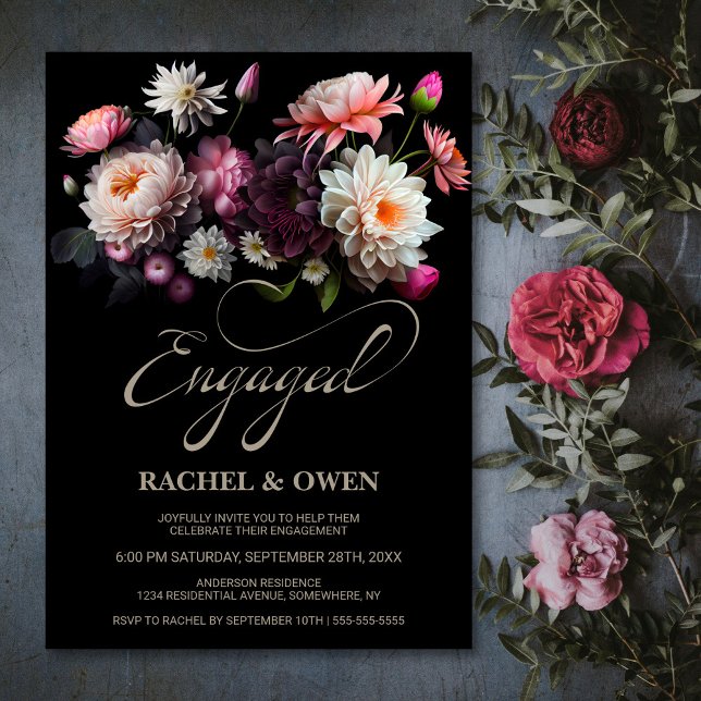 Invitation Fête de fiançailles florale noire élégante (Créateur téléchargé)
