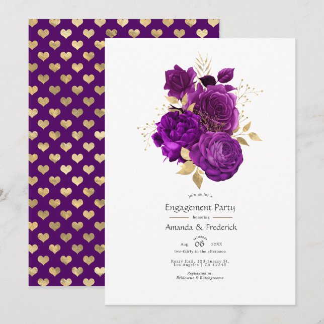 Invitation Fête de fiançailles florale or et pourpre (Devant / Derrière)