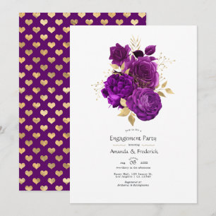 Invitation Fête de fiançailles florale or et pourpre