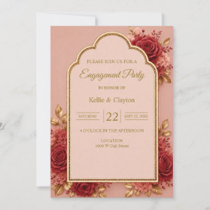 Invitation Fête de fiançailles florale rouge et or