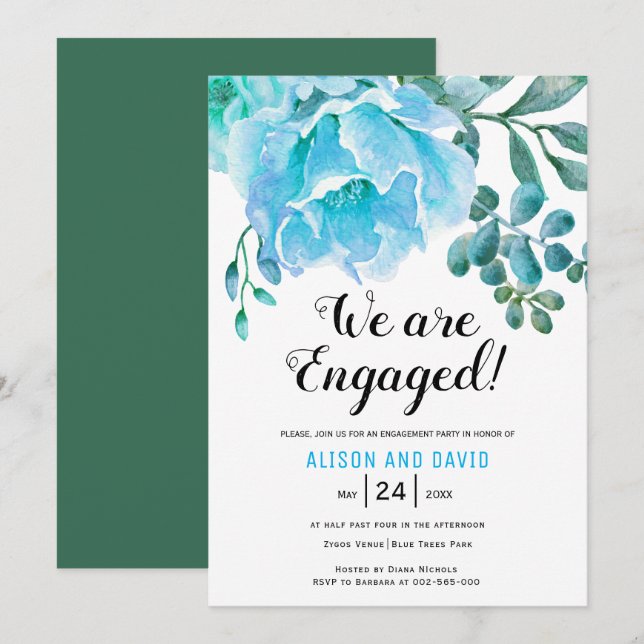 Invitation Fête de fiançailles florales à l'aquarelle bleue (Devant / Derrière)