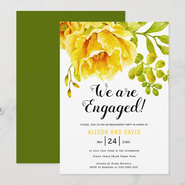 Invitation Fête de fiançailles florales de couleur jaune (Devant / Derrière)