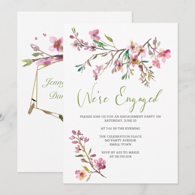 Invitation Fête de fiançailles florales en fleurs de cerisier (Devant / Derrière)