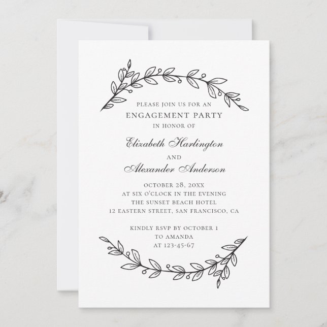 Invitation Fête de fiançailles florales en noir et blanc élég (Devant)