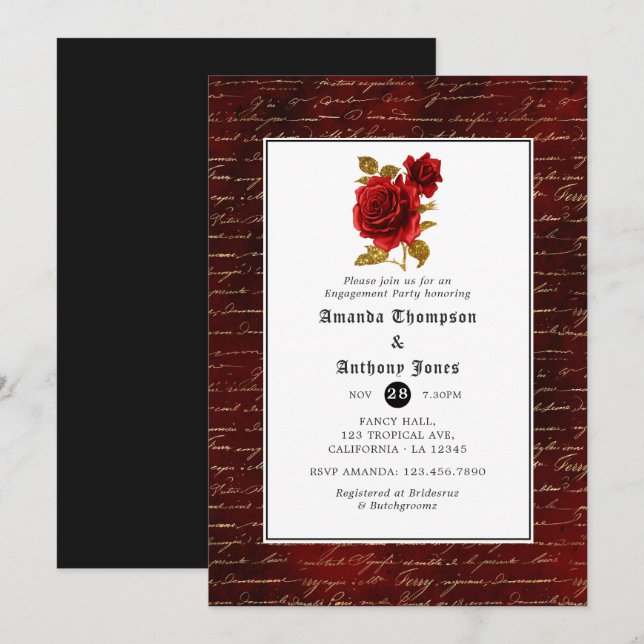 Invitation Fête de fiançailles gothiques florales (Devant / Derrière)