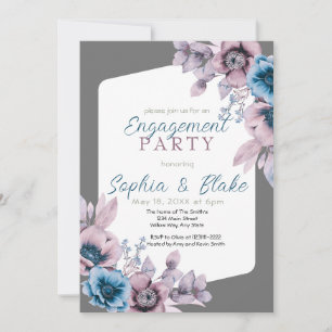 Invitation Fête de fiançailles grise et florale bleue et viol