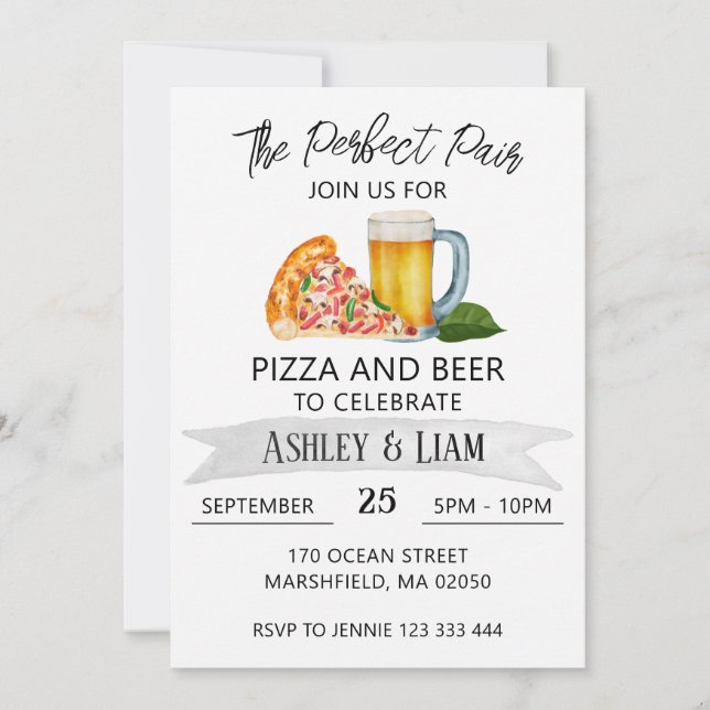 Invitation Fête de Fiançailles Mixte Pizza et Bière (Devant)
