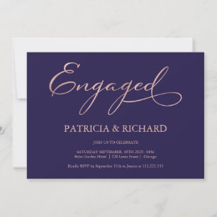 Invitation Fête de fiançailles Navy Blue Rose Gold Script