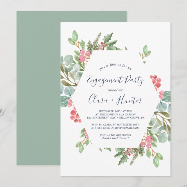 Invitation Fête de fiançailles Noël et Berry Rouge (Devant / Derrière)