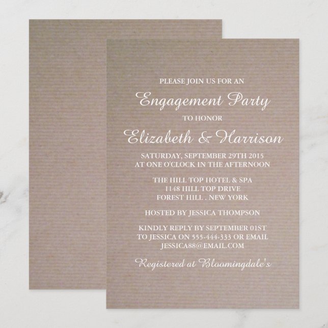 Invitation Fête de fiançailles ou douche de Kraft de campagne (Devant / Derrière)