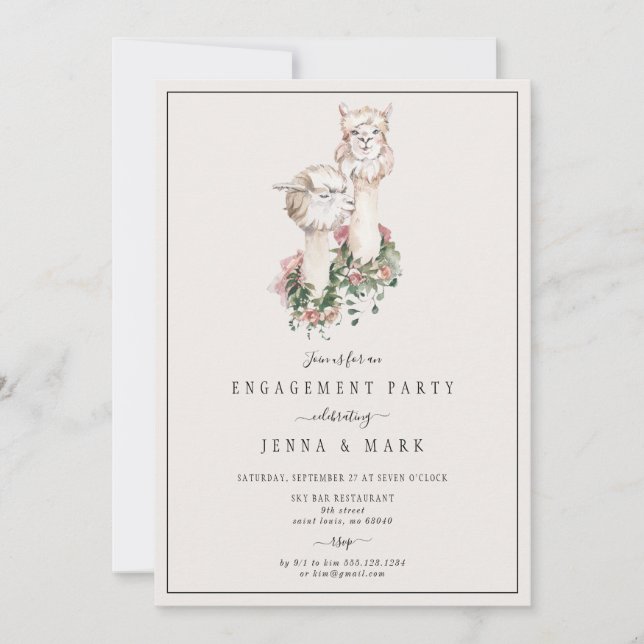 Invitation Fête de fiançailles romantiques de Llama (Devant)