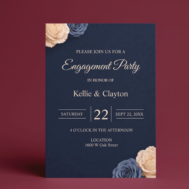 Invitation Fête de fiançailles Rose Bleu Marine (Créateur téléchargé)