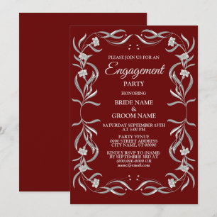 Invitation Fête de fiançailles rouge à motif floral argenté v
