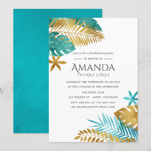 Invitation Fête de Fiançailles Tropicale Bleu Vert et Or