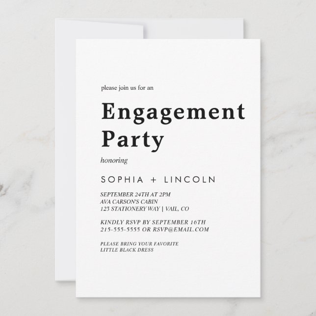 Invitation Fête de fiançailles typographie noire moderne  (Devant)
