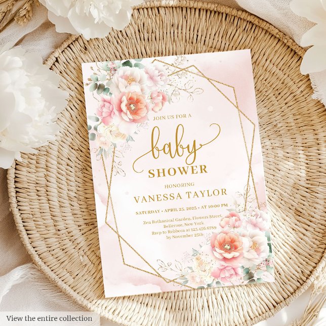 Invitation Fête de fille baby shower de fille rose pâle (Tender blush pink peonies girl baby shower party Invitation)