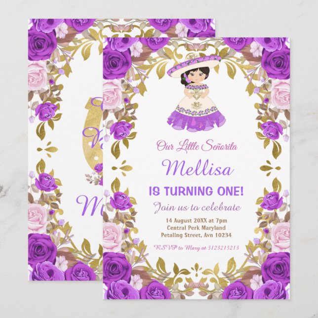 Invitation Fête de Fille Florale Rose violette   (Devant / Derrière)