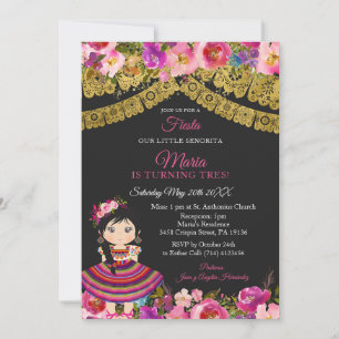 Invitation Fête de fille mignonne Noir Mexicaine Charra XV An