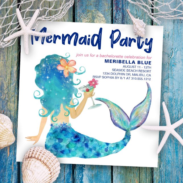 Invitation Fête de Filles de Sirène | Cocktail de plage Enter (Créateur téléchargé)