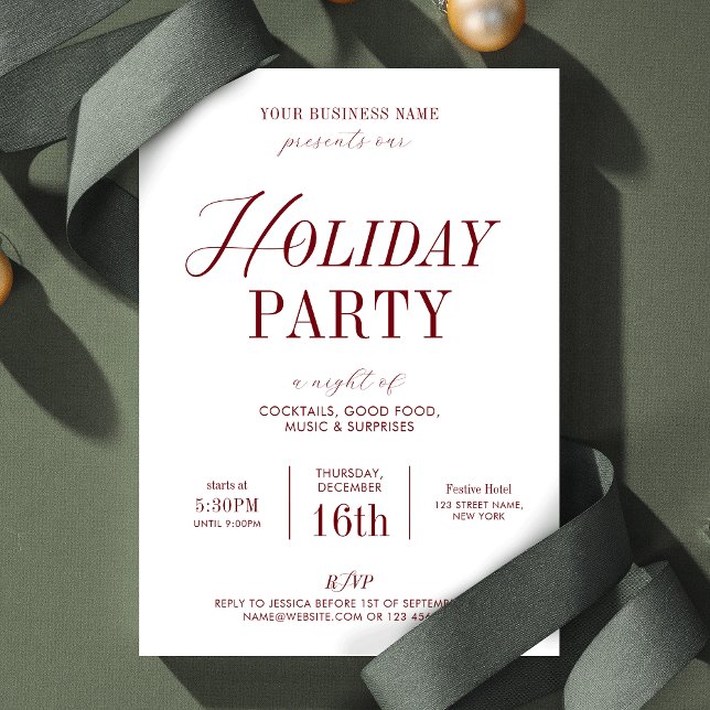 Invitation Fête de fin d'année élégante au bureau Entreprise  (Elegant Holiday Party Invitation in white & red, perfect for your Business or Private Xmas Party)