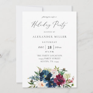 Invitation Fête de fin d'année florale bleu marine, bordeaux 