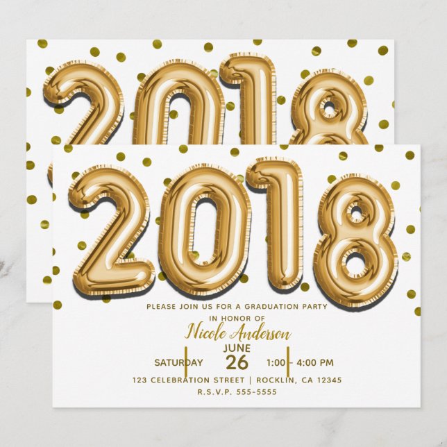 Invitation FÊTE DE FIN D'ÉTUDES 2018 Ballons dorés avec confe (Devant / Derrière)