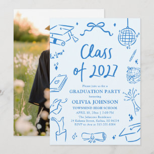 Invitation Fête de fin d'études 2027 à la main en bleu