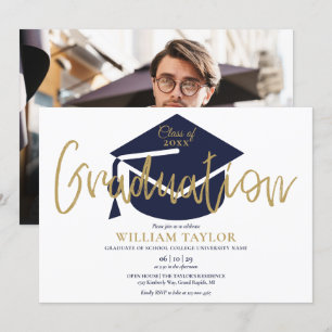 Invitation Fête de fin d'études avec photo et écriture en ble