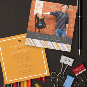 Invitation Fête de fin d'études avec photo rayures orange élé