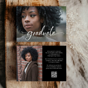 Invitation Fête de fin d'études avec QR code photo noir et éc