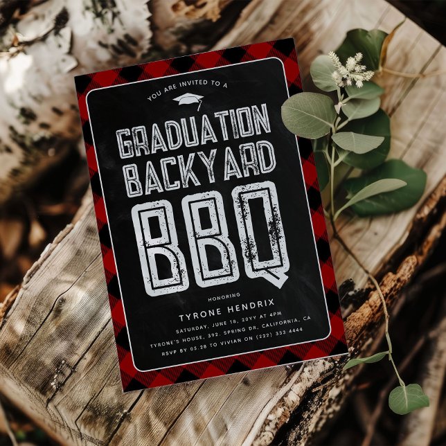 Invitation Fête de fin d'études BBQ à carreaux rouges de bûch (Créateur téléchargé)