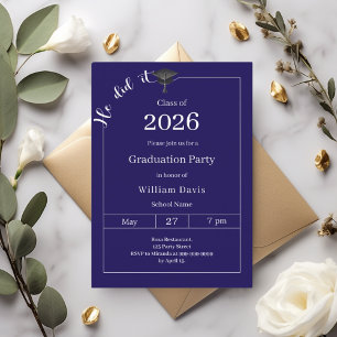 Invitation Fête de fin d'études bleu blanc Il a réussi