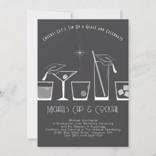 Invitation Fête de fin d'études Casquette et Cocktail Grise