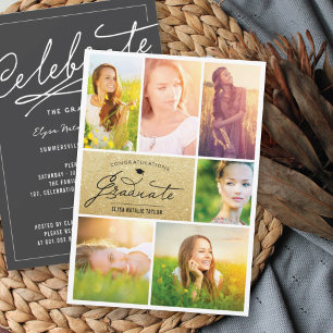 Invitation Fête de fin d'études Chic 6 Photos Paillettes Or É
