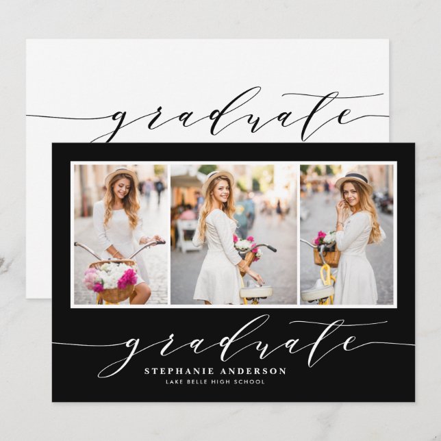 Invitation Fête de fin d'études Dainty Script Trois Photos No (Devant / Derrière)