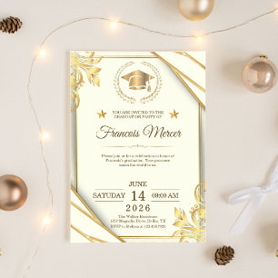 Invitation Fête de fin d'études élégante blanche et or