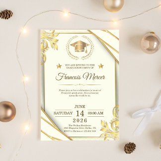 Invitation Fête de fin d'études élégante blanche et or