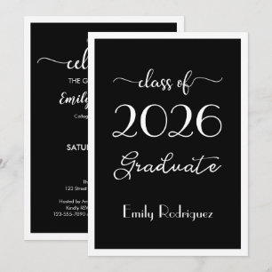 Invitation Fête de fin d'études élégante Noir Blanc Promotion