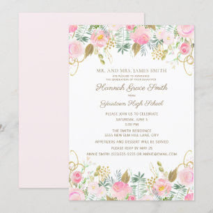 Invitation Fête de fin d'études Fleurs de fille en or rose