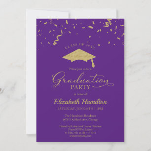Invitation Fête de fin d'études Gold Confetti Violet