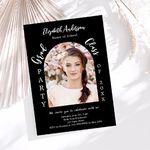 Invitation Fête de fin d'études noir blanc arche photo classe