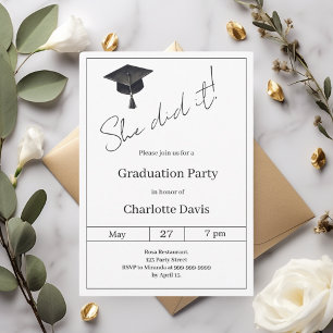 Invitation Fête de fin d'études noir blanc Elle a réussi